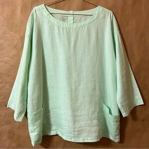 Eileen Fisher | Organic Linen Bateau Neck Popover Top Pocket Green Mint Size L